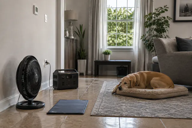 A shaded interior floor with a pet water bowl, a cooling mat, and a closed carrier away from direct sun, no animal present.