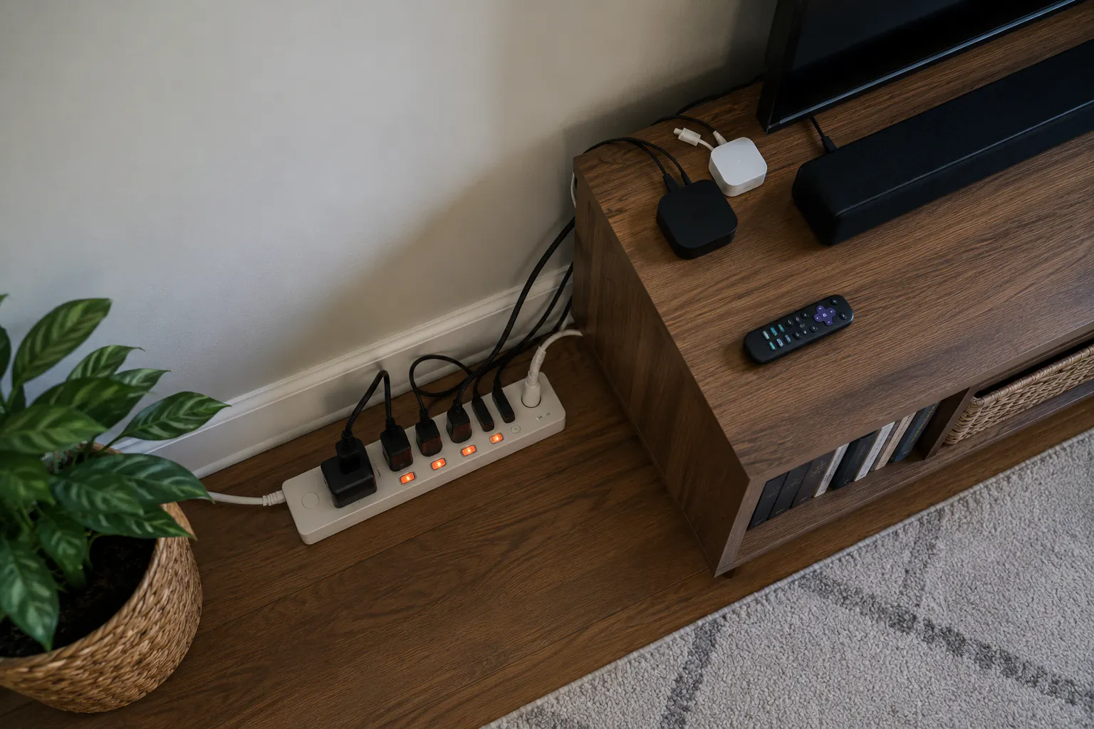 Power strip with several devices plugged in beneath a television stand.