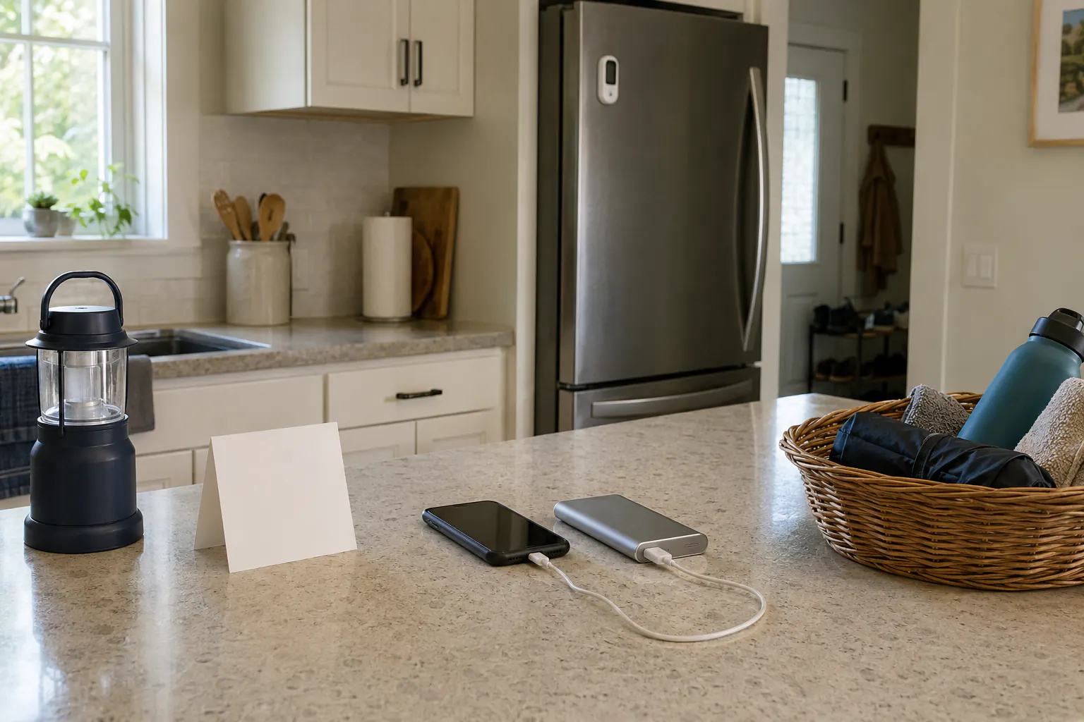 A kitchen counter with an unbranded lantern, phone charging from a small battery pack, closed refrigerator, blank note card, and ordinary bag.