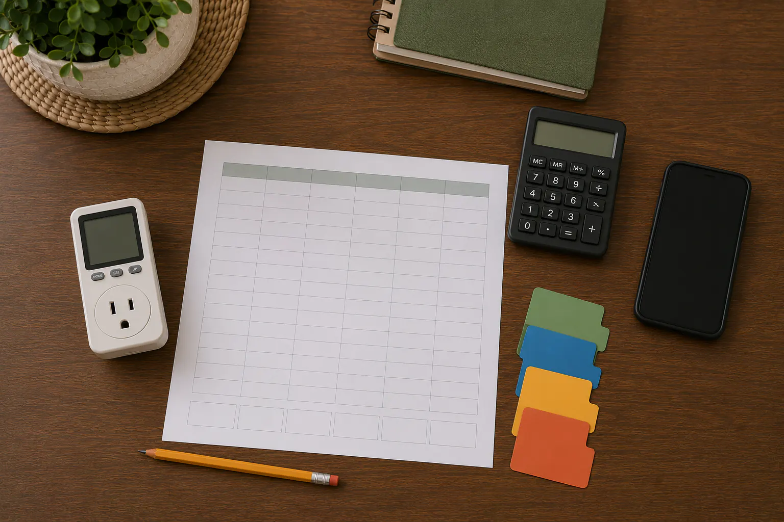 An overhead energy-measurement workspace with a switched-off, unplugged plug-in watt meter, a blank measurement log, a pencil, a blank-display calculator, text-free tabs, and a phone.