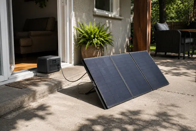 Portable solar panels set outside a home beside a compact power station.
