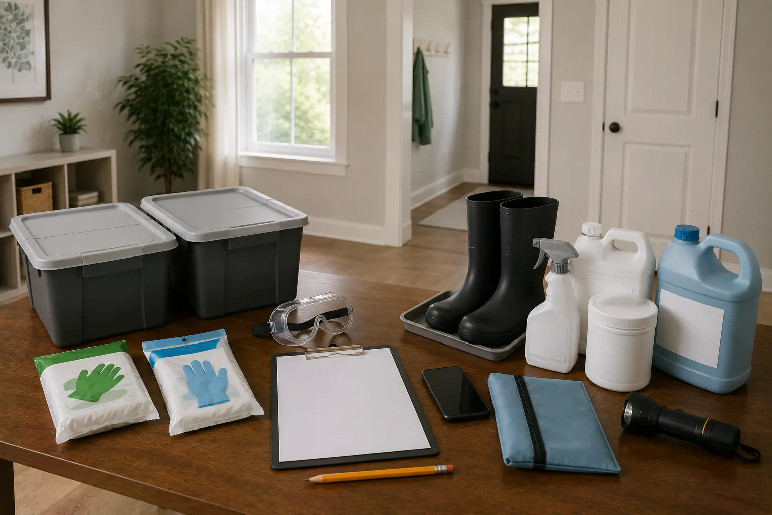 A post-incident cleanup planning table with a blank clipboard, a pencil, a phone, a closed pouch, two lidded bins, unopened glove packages, goggles, clean rubber boots on a tray, a switched-off flashlight, and closed cleaning containers with blank labels, on a dry intact floor.