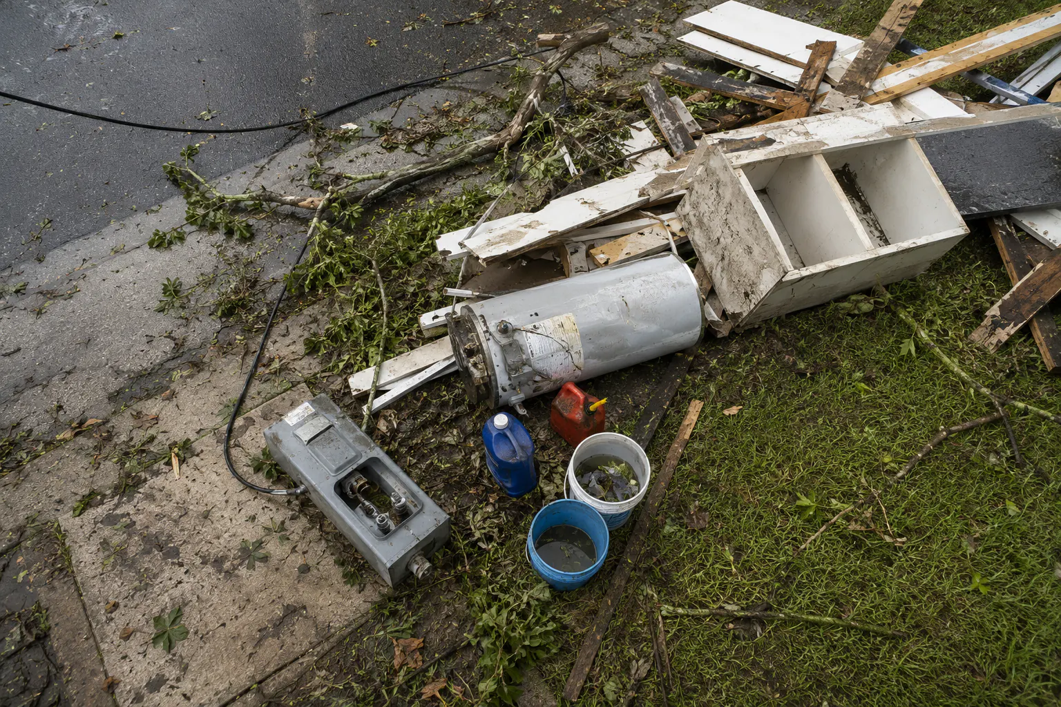 Storm debris on residential ground viewed from a safe distance, with a downed line area cordoned off and nobody near it.