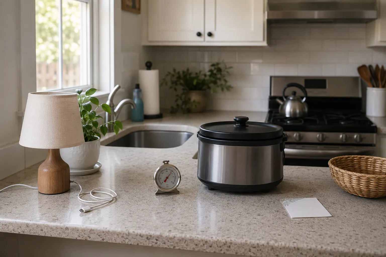 A kitchen counter with an unbranded table lamp, coiled charging cable, appliance thermometer, covered cooker, and blank note card.