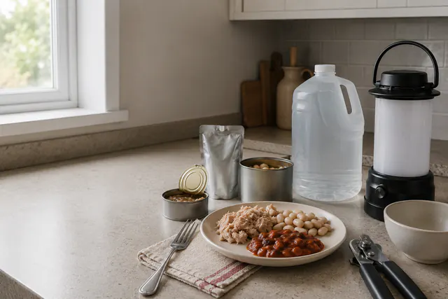 An open can, plain plate of ready-to-eat food, water container, battery lantern, bowl, and manual can opener on a kitchen counter.