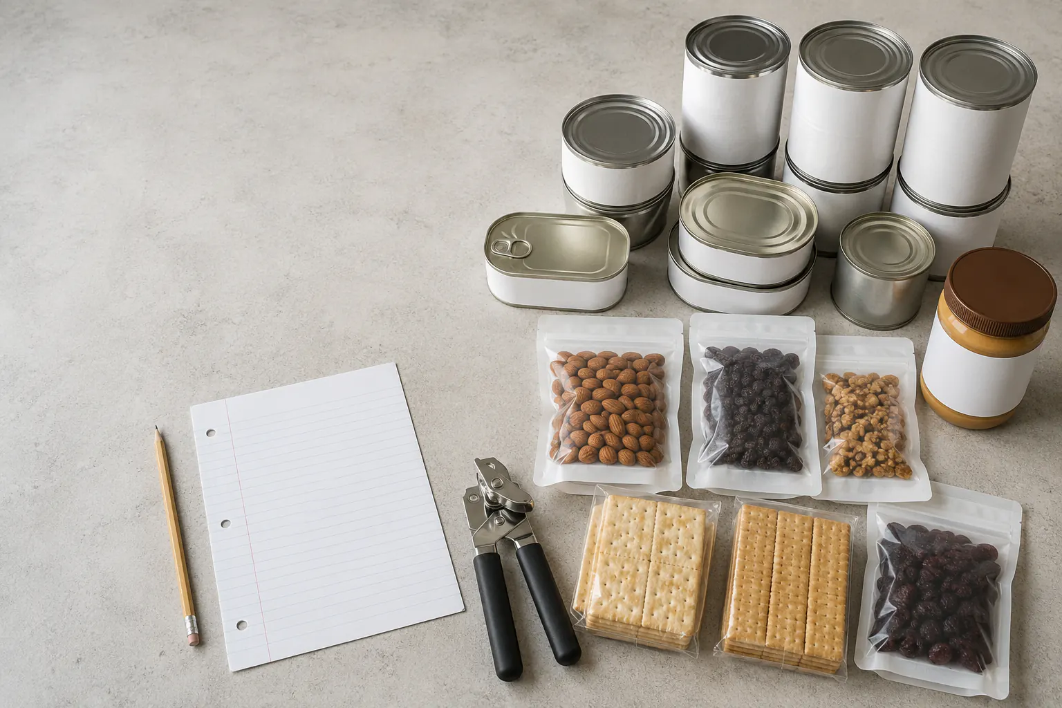 Blank canned foods, sealed pouches, crackers, a jar, a manual can opener, pencil, and blank ruled paper on a neutral counter.