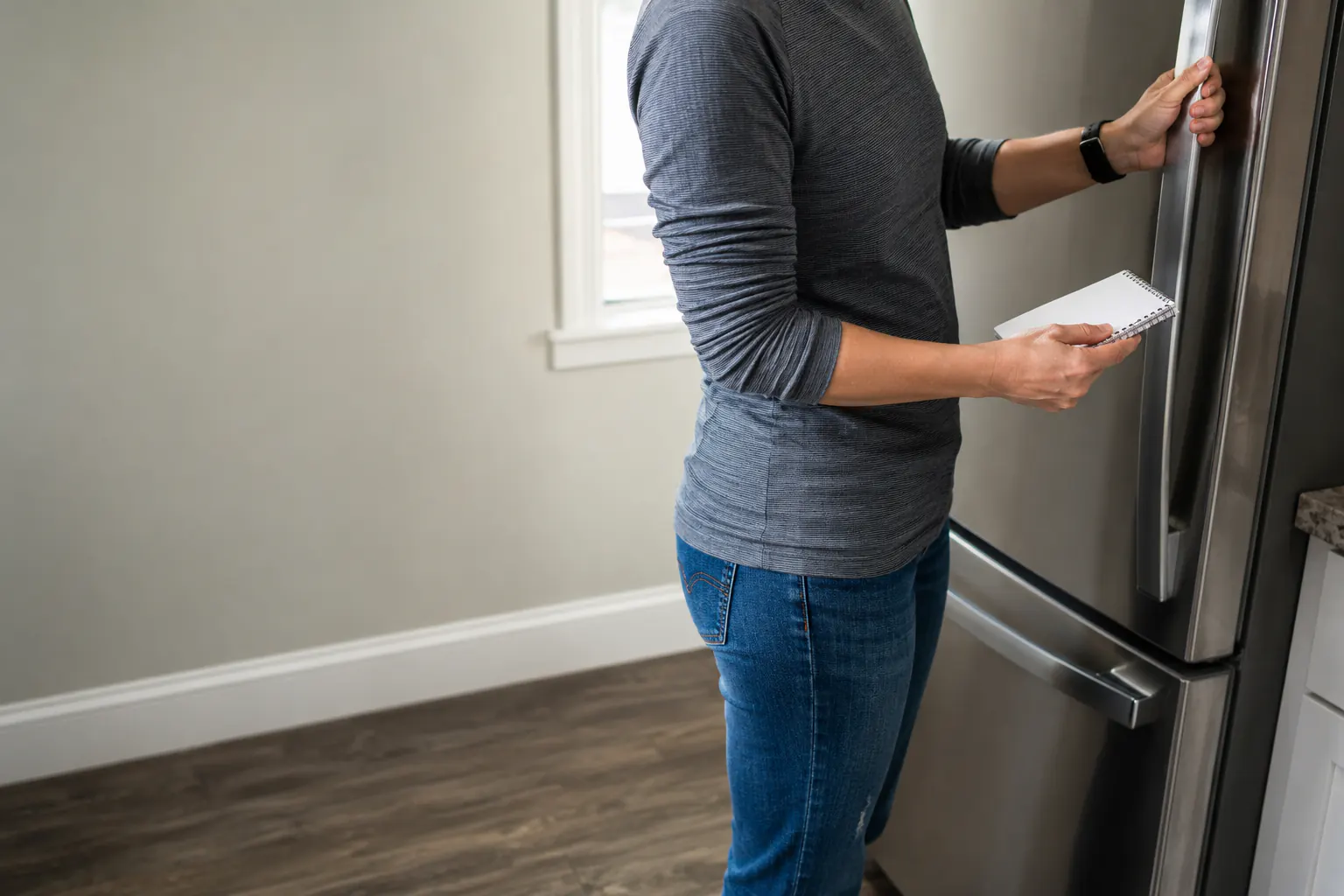 A person holding a notepad beside a closed stainless refrigerator.