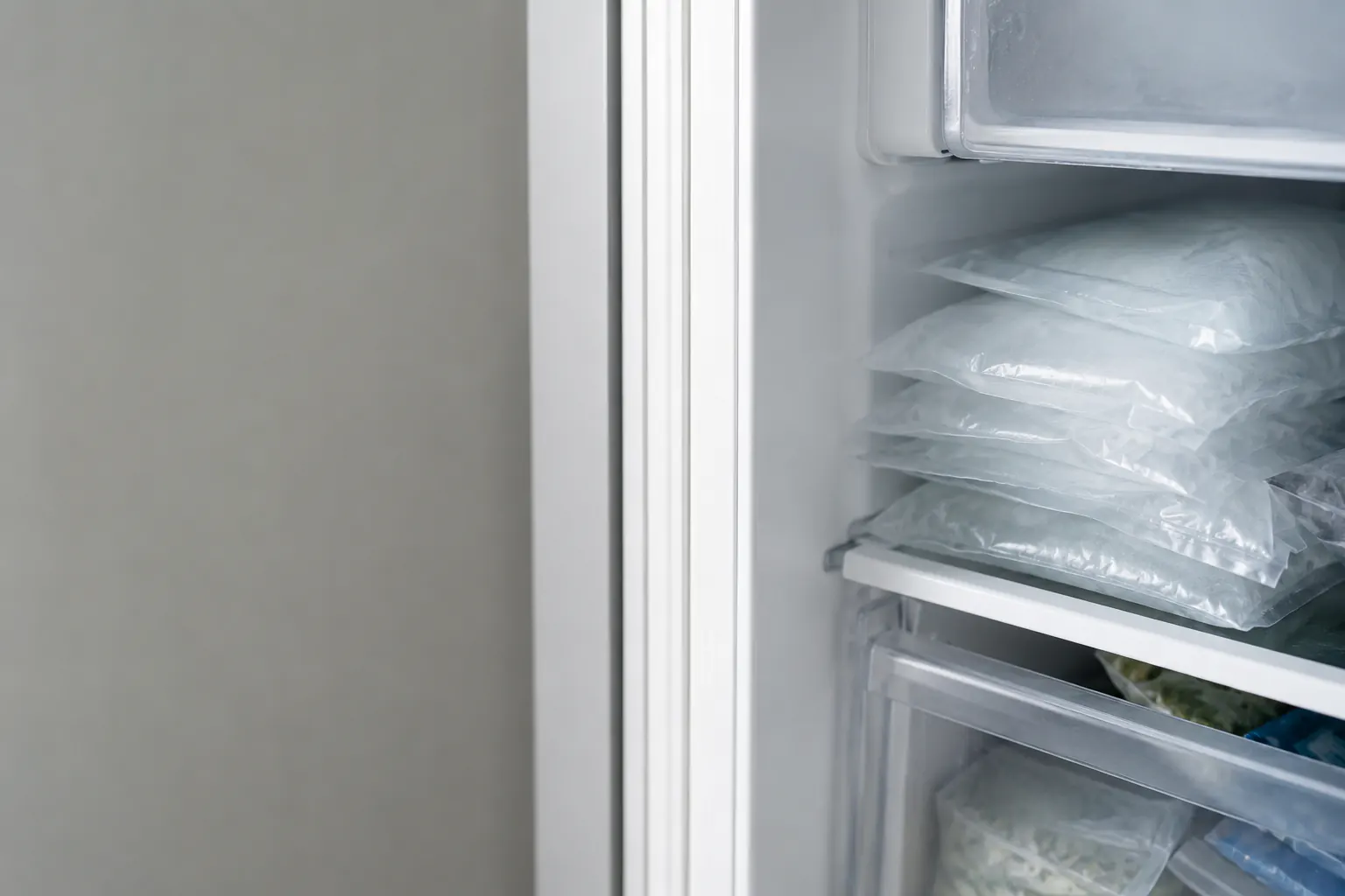Sealed bags of ice stacked on a freezer shelf above frozen food.