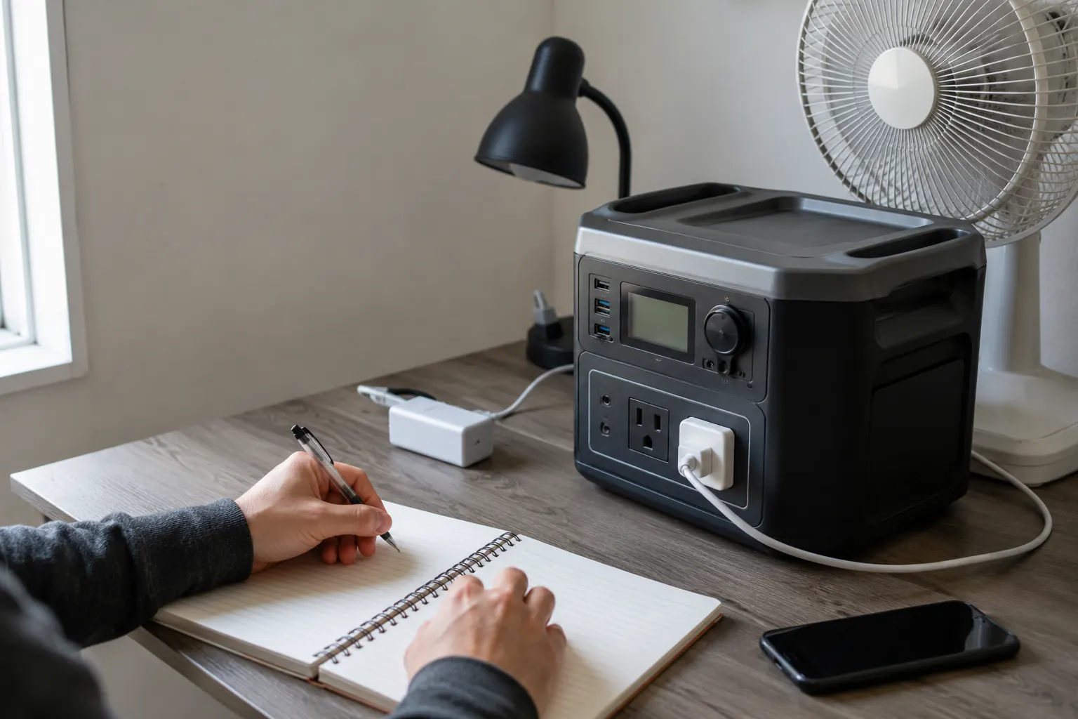 Hands writing in a blank notebook beside a portable power station running a small fan on a desk.