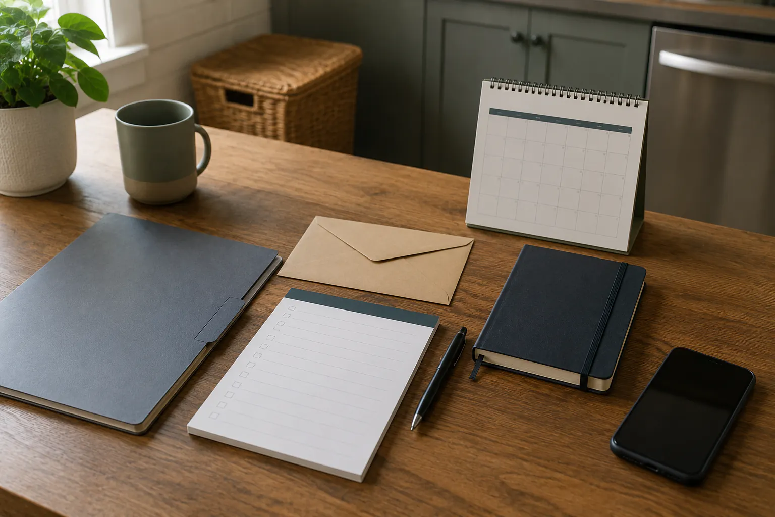 A blank calendar, a checklist pad, a sealed envelope, a notebook, and a phone on a kitchen table.