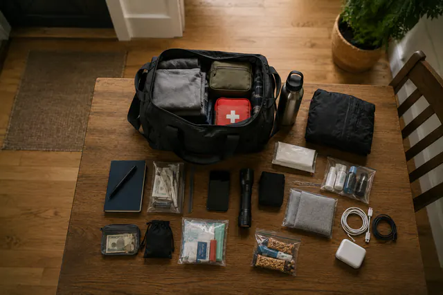 An open backpack on the floor by a bench, packed with organised cubes, a sealed water bottle, and a folded layer, with a thermos and basket alongside.