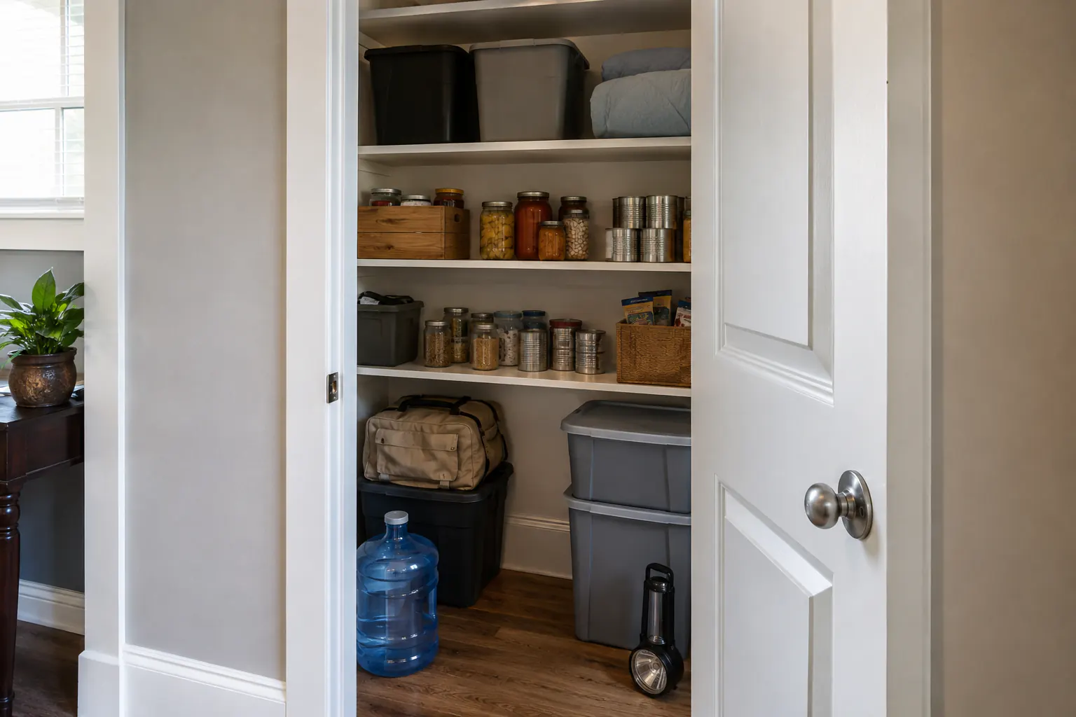 An open home utility closet with plain storage bins, pantry supplies, water container, carry bag, and flashlight.