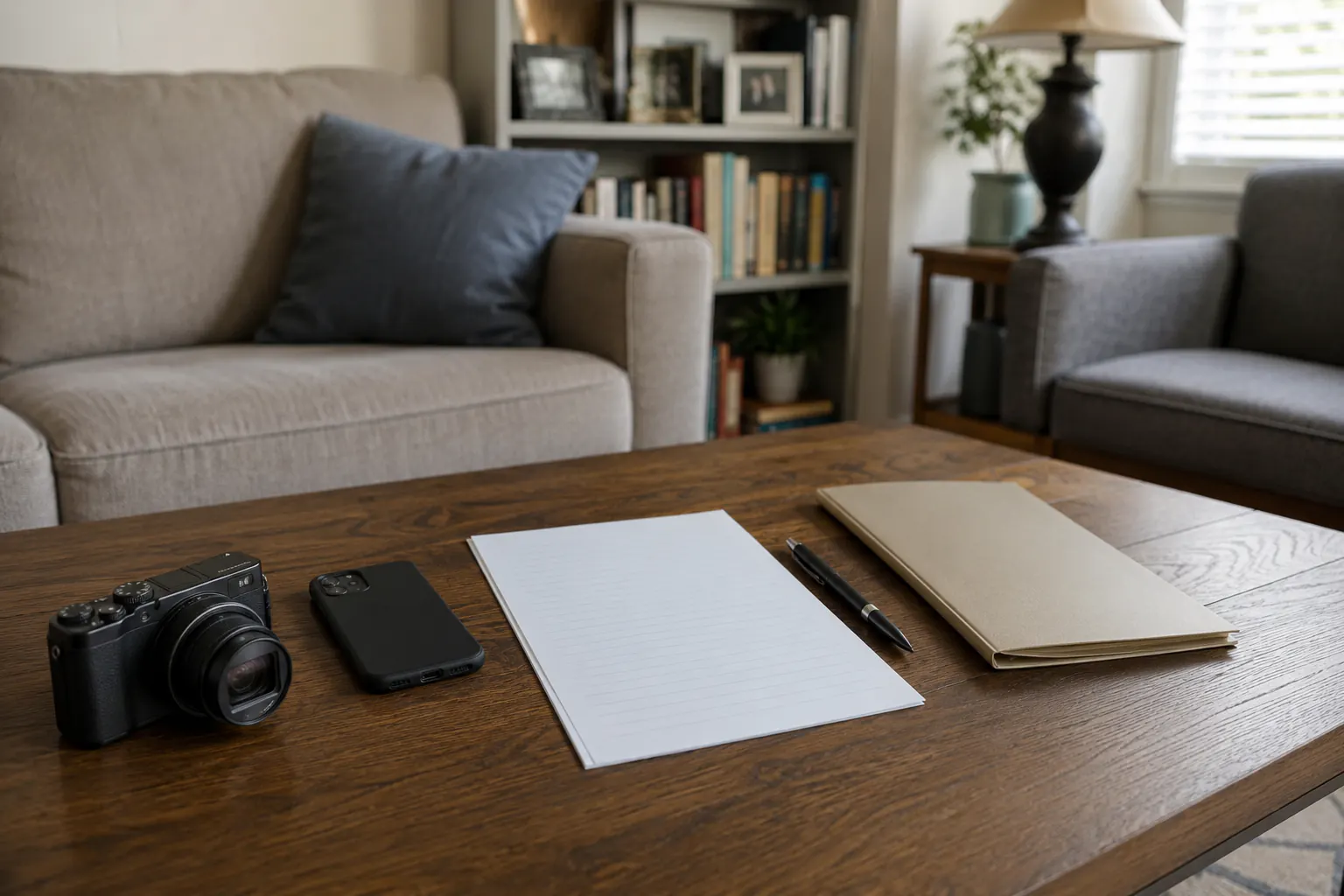 A camera, phone, blank lined sheet, pen, and folder arranged on a coffee table in a furnished living room.