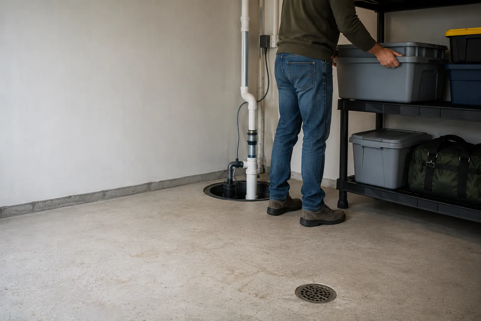 A person lifting a storage bin onto elevated shelving beside a sump pit in a dry basement.