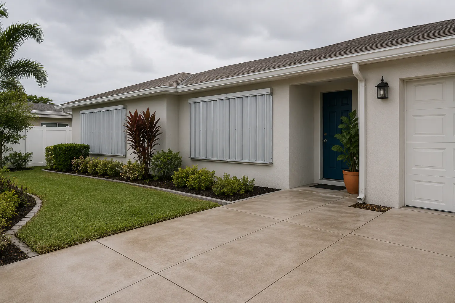 Single-story home viewed from ground level with metal storm panels covering its front windows.