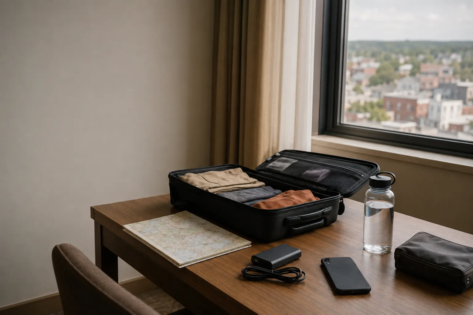 An open carry-on case, a folded paper road map, a power bank with a coiled cable, a water bottle, a phone lying face down, and a zip pouch on a hotel desk beside a window.