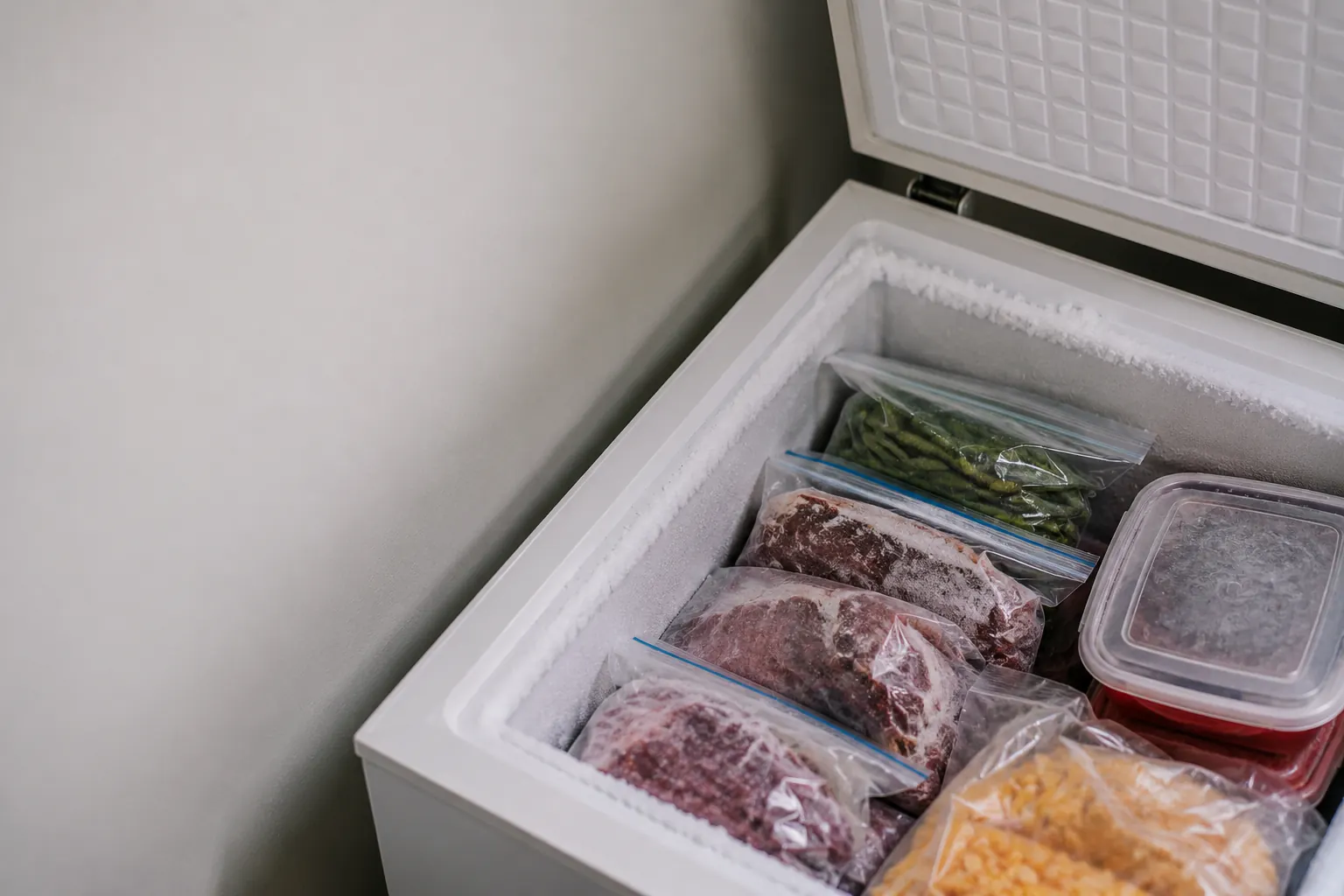 A chest freezer holding sealed food containers and packages in a bright utility room.