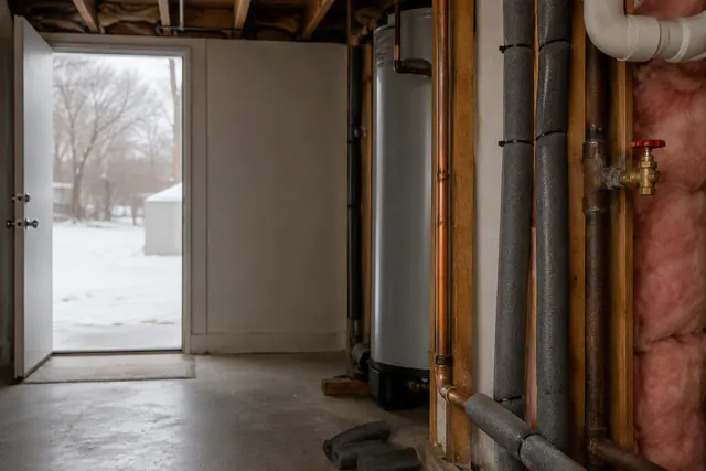 Exposed insulated pipes and wall insulation in a cold-weather basement utility area.