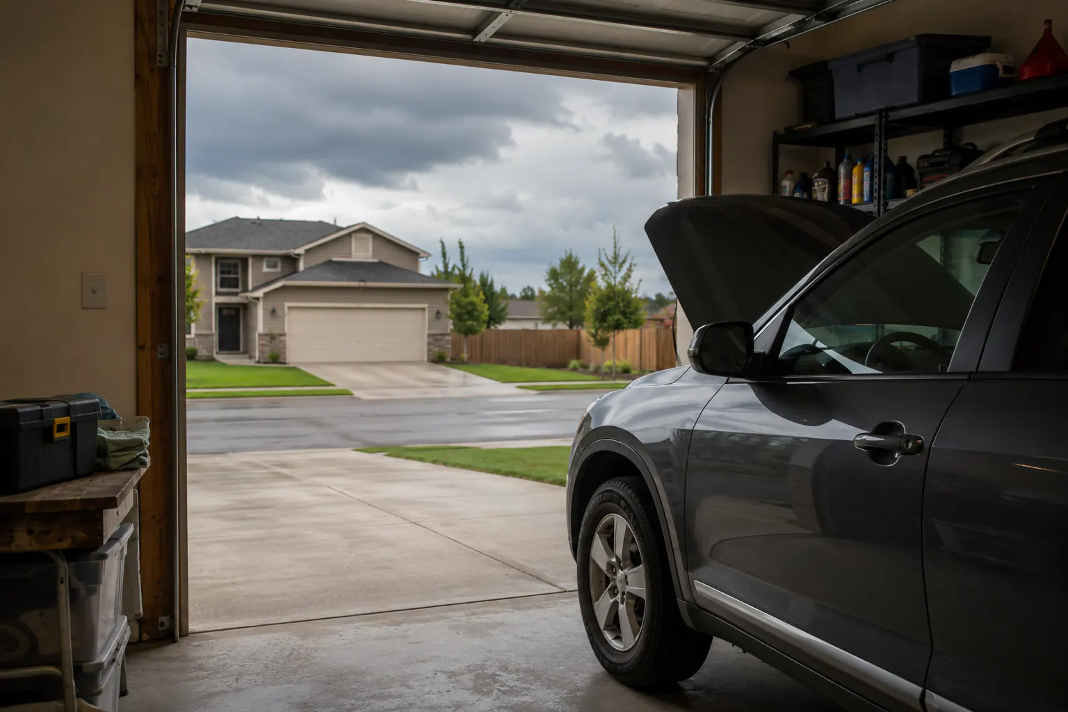 An open car hood in a driveway with storm clouds over a suburban neighborhood.