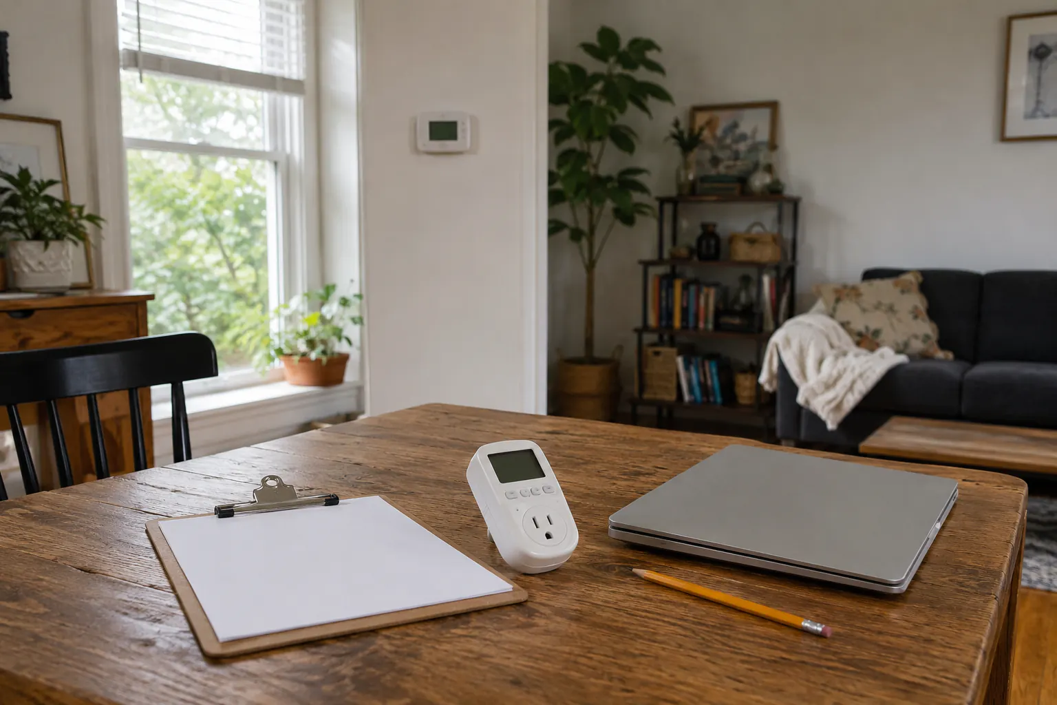 A bright lived-in room with a blank clipboard, an unplugged plug-in energy meter on the table, a closed laptop, a pencil, and a wall thermostat with no legible display.
