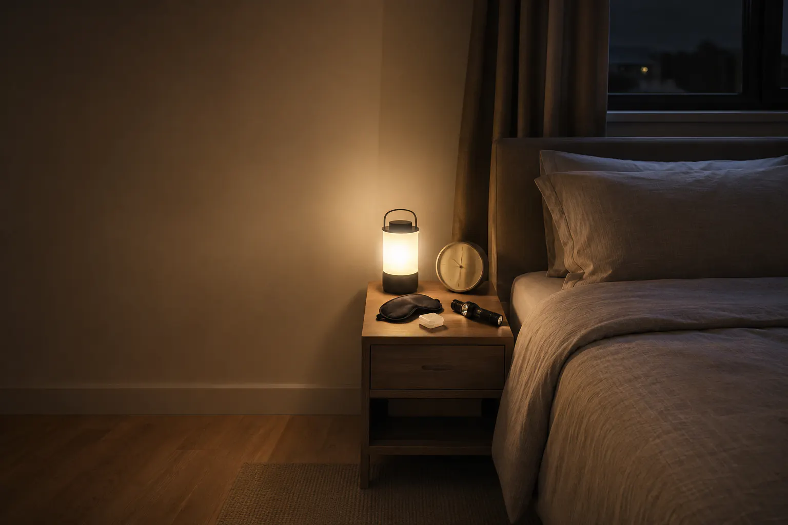 A made bed beside a bedside table holding a low-level battery lantern, an unmarked analog clock, a folded blanket, and a plain water glass in a dark apartment bedroom during a nighttime outage.