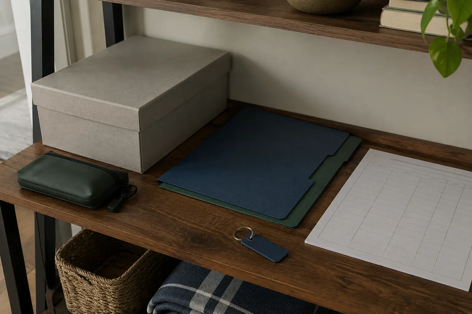 A closed archival box, colored file folders, a zippered pouch, a key tag, and a blank record sheet on a shelf.