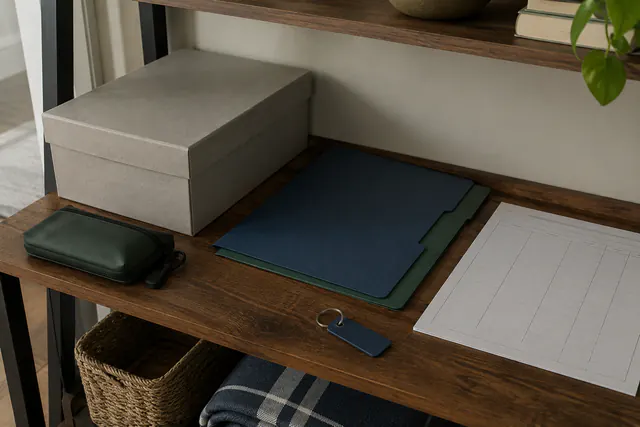 A closed archival box, colored file folders, a zippered pouch, a key tag, and a blank record sheet on a shelf.