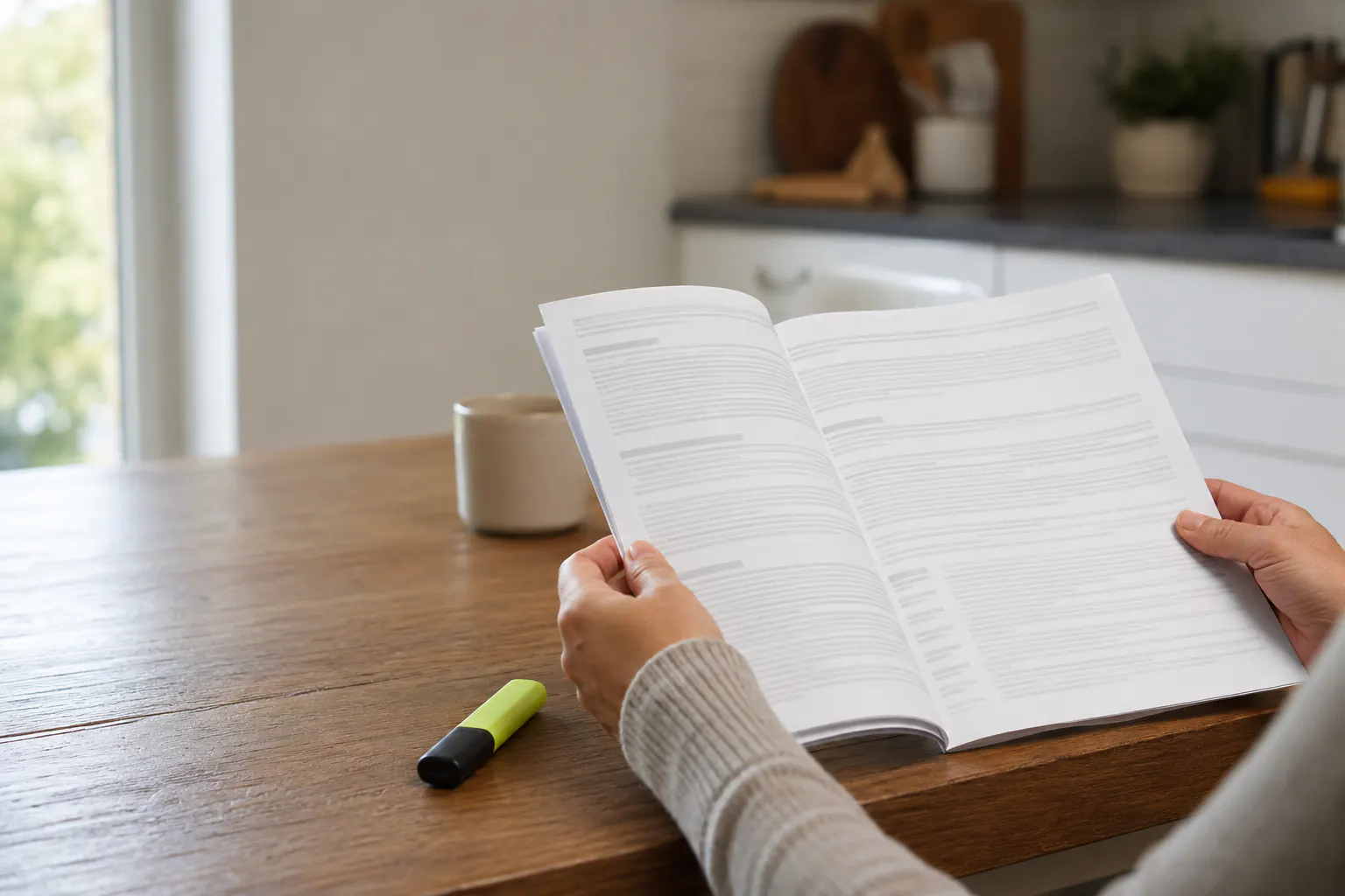 A person's hands holding open a multi-page document with a highlighter resting nearby at a kitchen table.