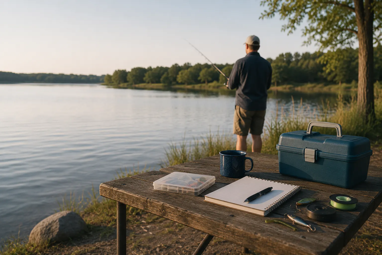 A blank notebook, tackle box, and rod on a picnic table beside a lake, with a person fishing from the bank in the background.