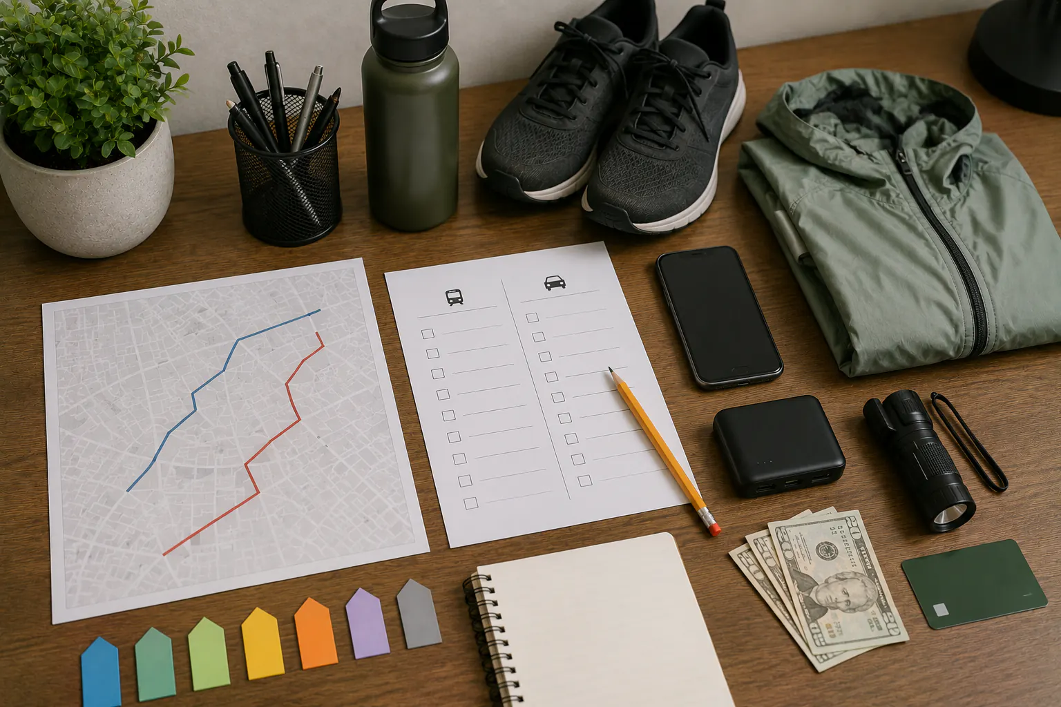 An overhead desk workspace with a blank street-grid sheet showing two colored route lines, a two-column transportation planning sheet, a pencil, a phone, a power bank, a transit card, a little cash, a folded rain layer, a water bottle, a flashlight, and walking shoes.