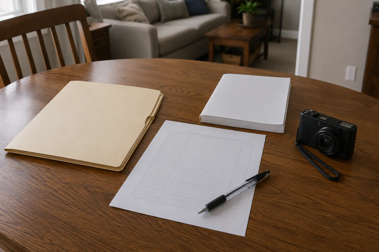 A blank detail sheet, a file folder, a plain binder, a pen, and a camera on a dining table.