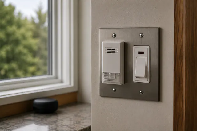 Several distinct alert channels arranged in an ordinary home — a battery weather radio, a phone face-down, and a wall-mounted alert device — all switched off.