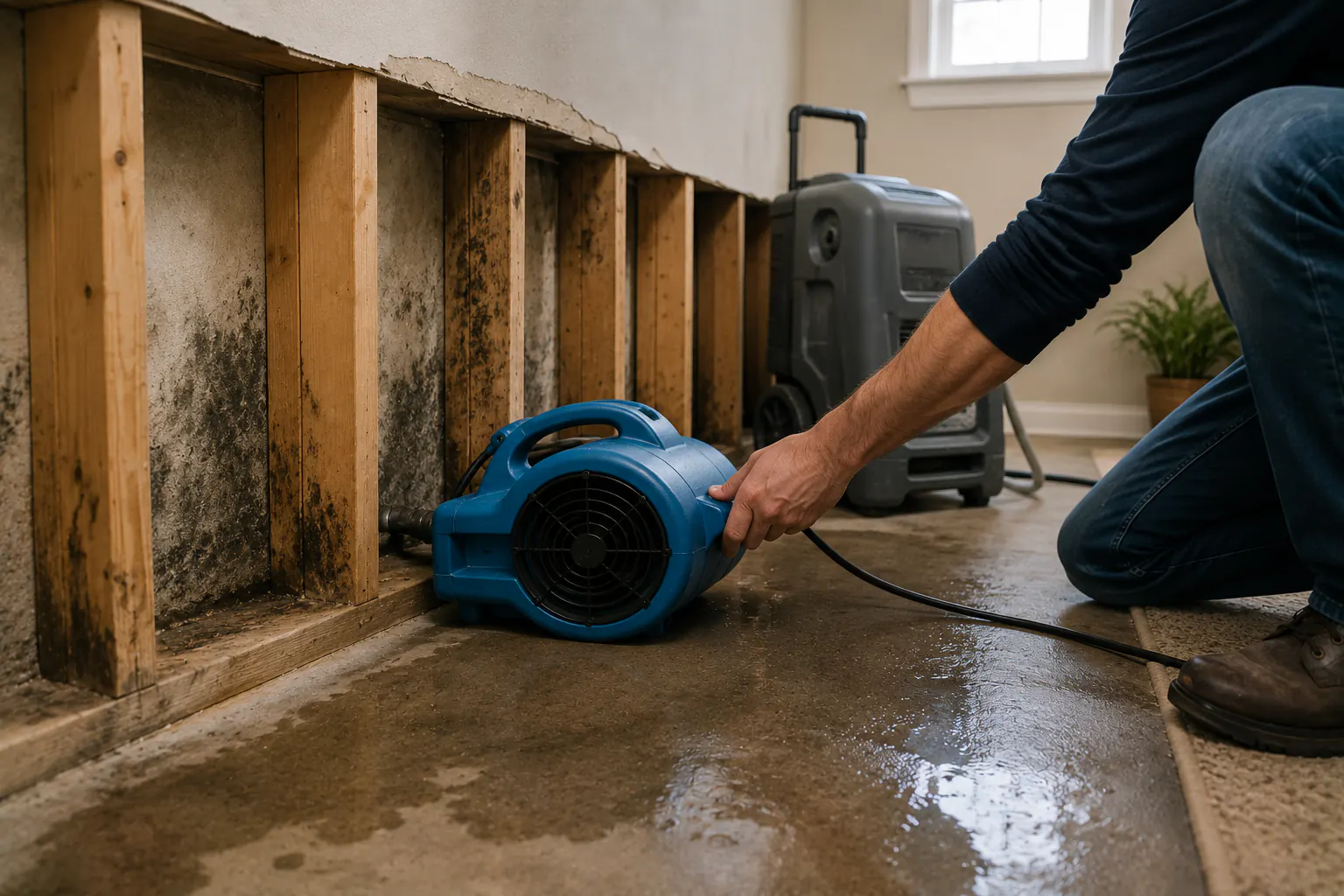 An open interior room after flooding with fans running and baseboards exposed, no visible mold or person present.