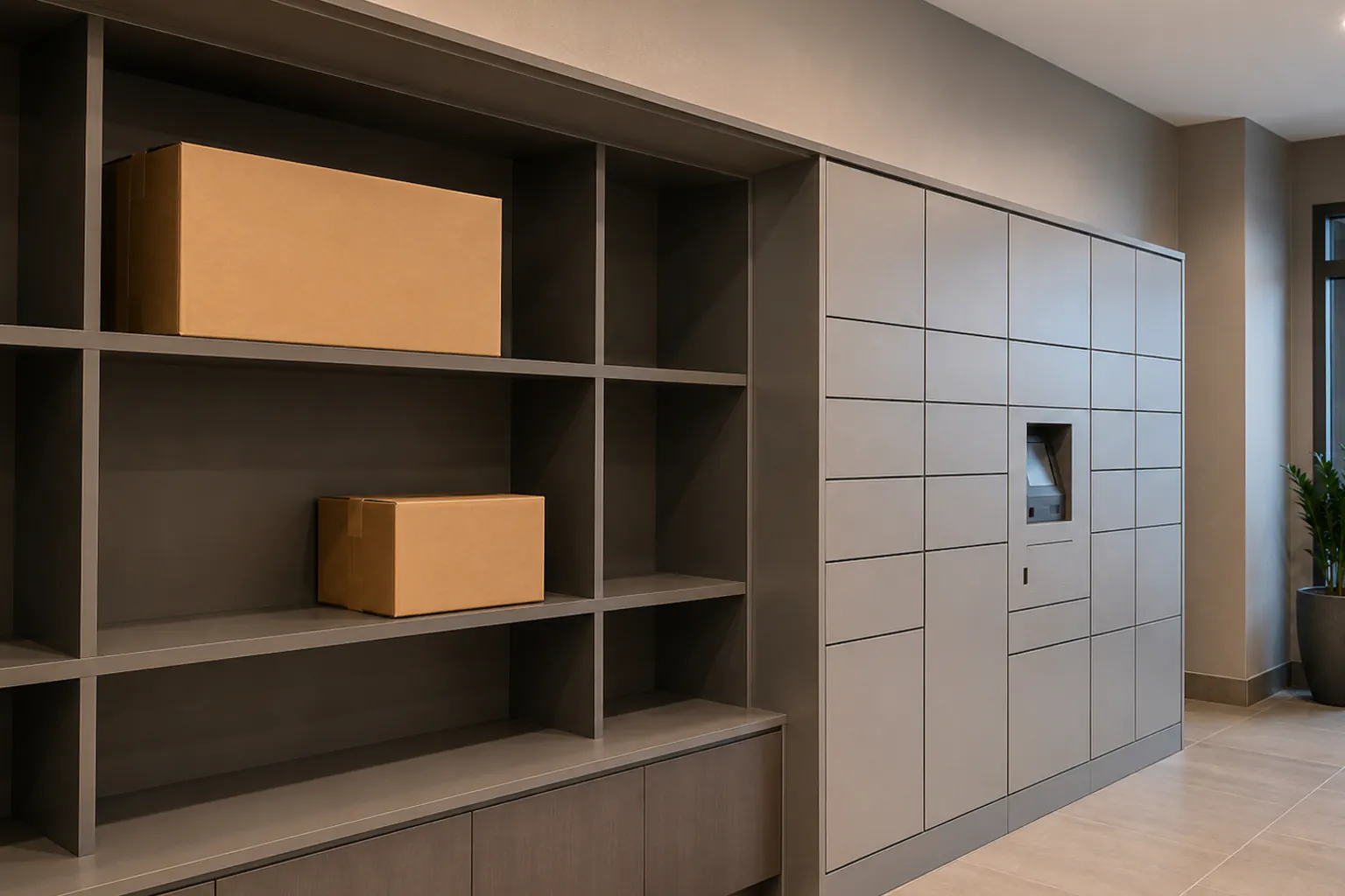An apartment building parcel area with secure lockers and a shelf holding a couple of plain unlabeled boxes, calm and orderly.