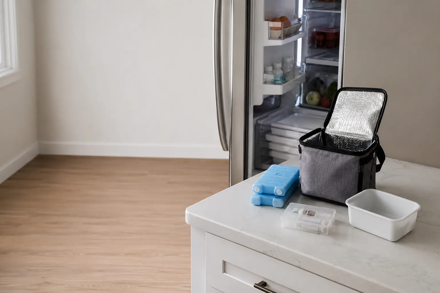 An insulated bag, gel packs, and a small container of medication vials on a counter near an open refrigerator.