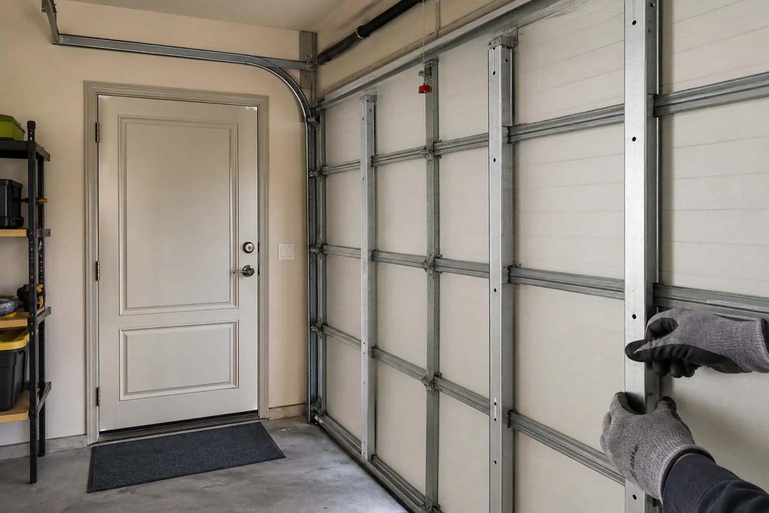 Inside a tidy garage, a vertical bracing system fitted across the garage door and a solid reinforced entry door beside it, gloved hands adjusting a brace.
