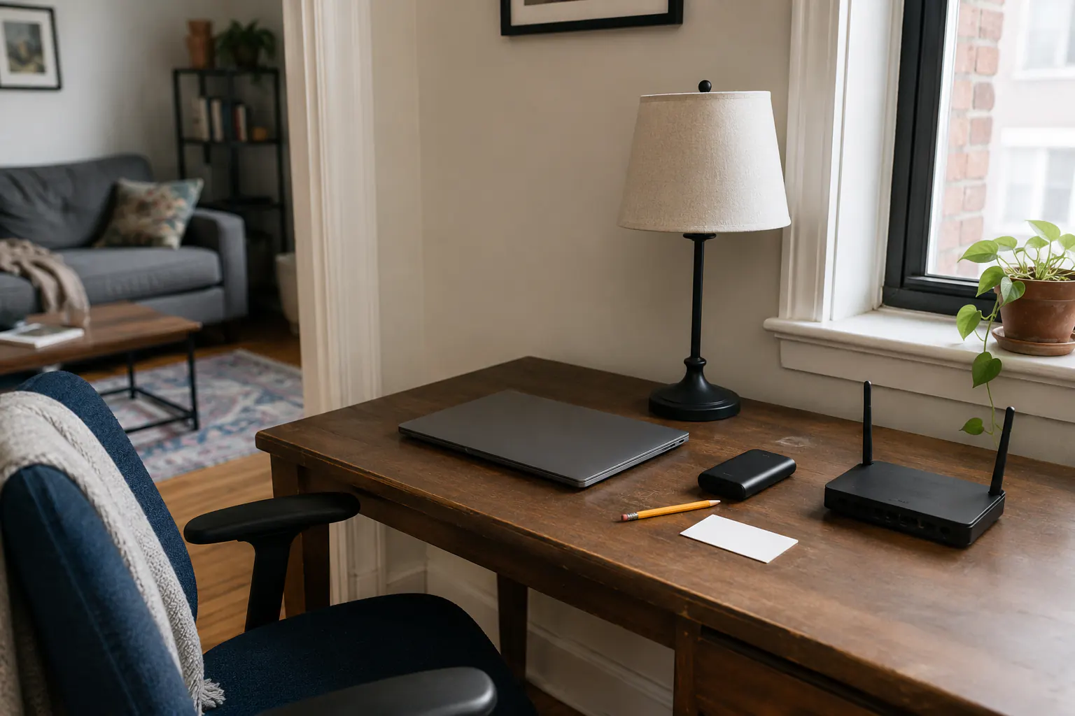 A home office table with a closed laptop, unbranded router, small battery pack, pencil, blank card, and switched-off lamp.