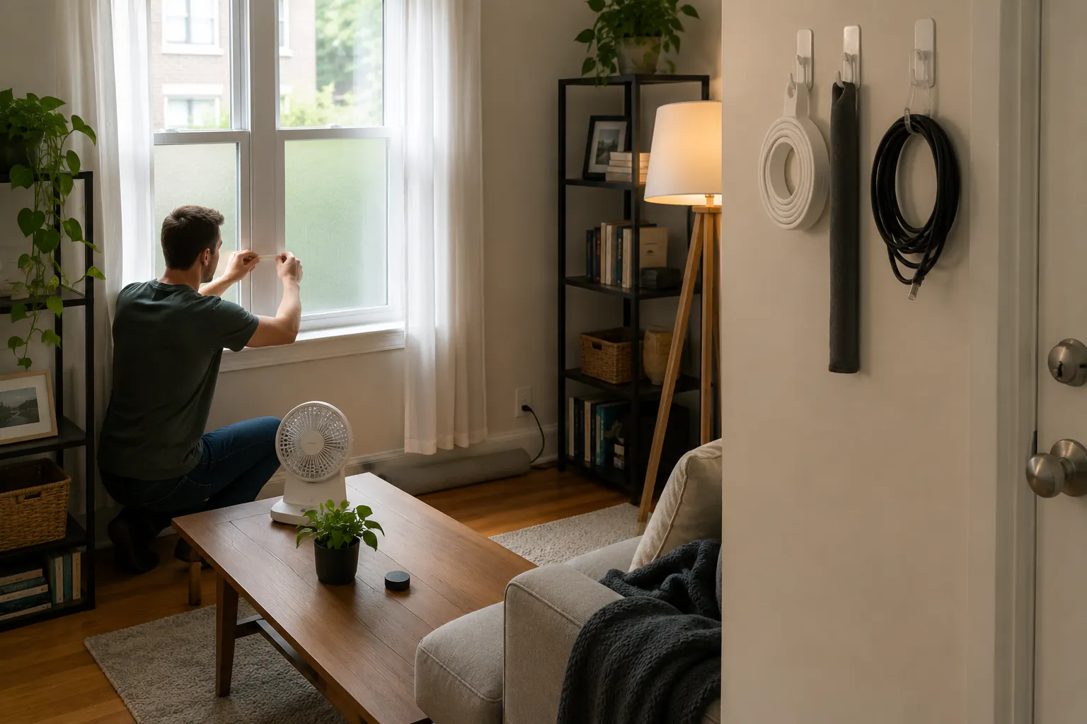 Renter applying a removable window treatment in an apartment.