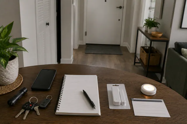 A small dining table with a blank lease-notes page, keys and an access fob, a phone, a flashlight, a switched-off path light, an unopened removable contact sensor in packaging, and a blank property-management contact card; a closed apartment door and clear exit are behind.