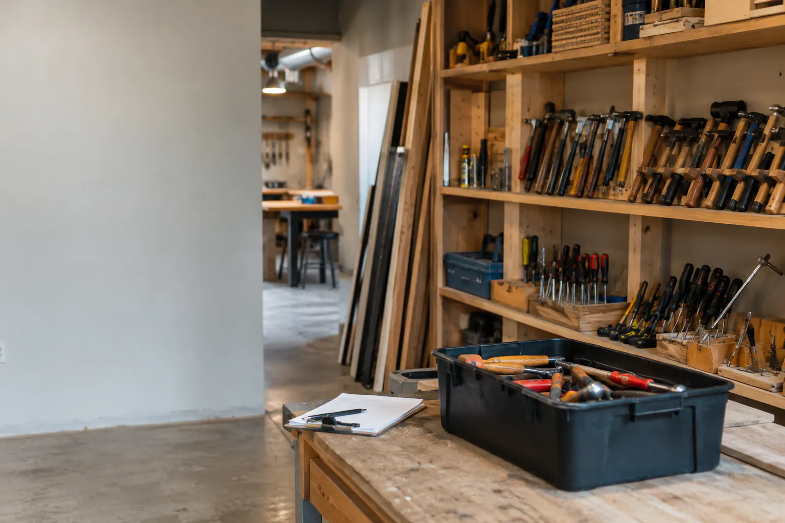 A community workshop with organized tools, lumber, and a portable toolbox on a bench.