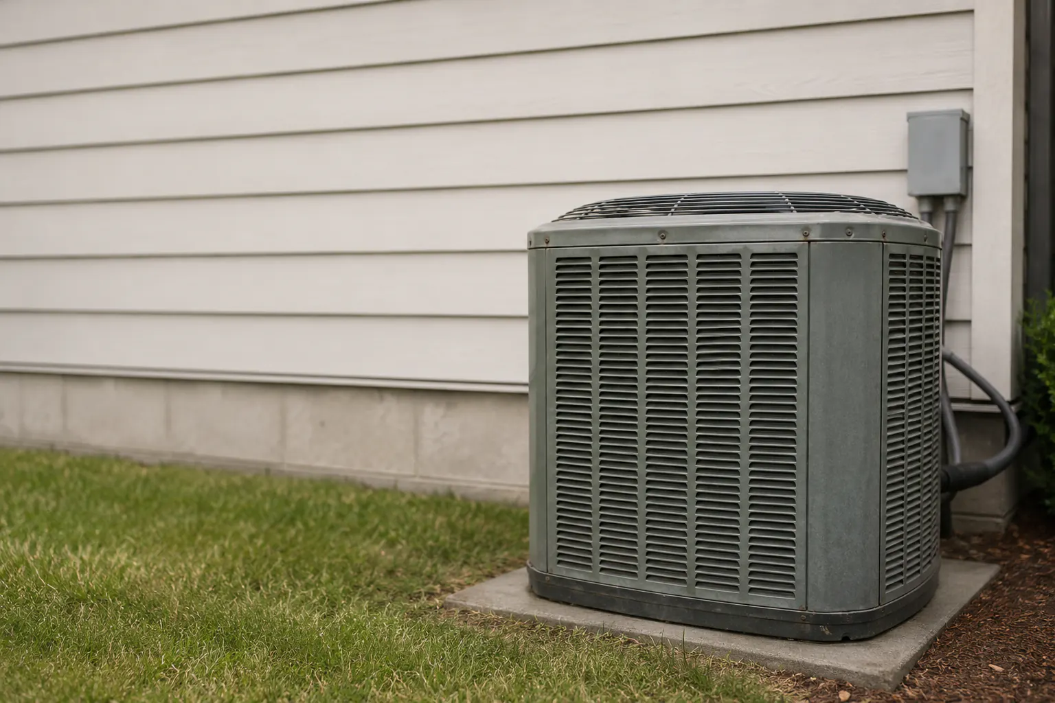 An aging outdoor air-conditioning condenser unit on a concrete pad beside a house wall.