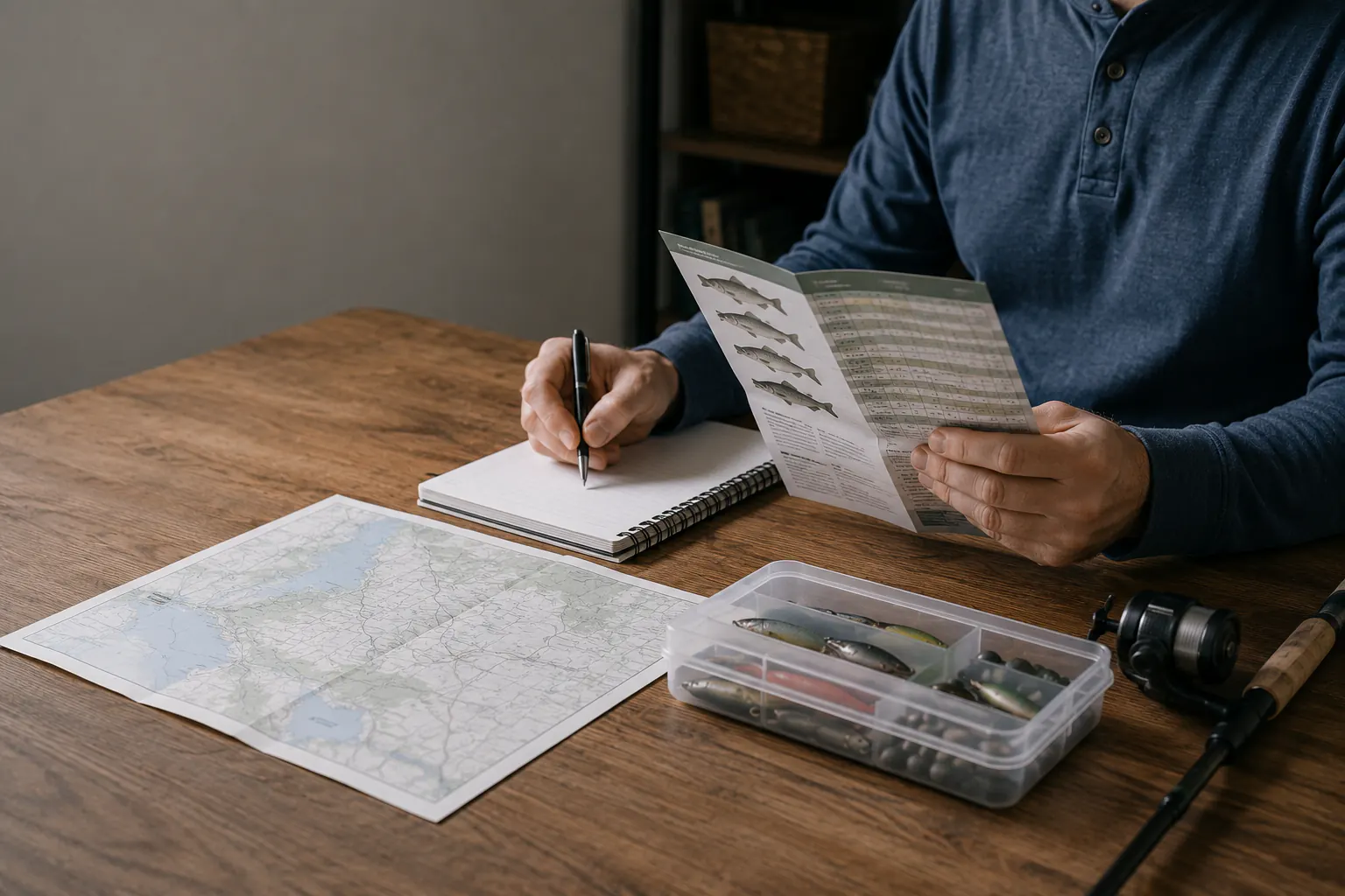 A person reading a species-and-limits pamphlet at a table with a paper map, a blank notebook, a tackle box, and a rod.