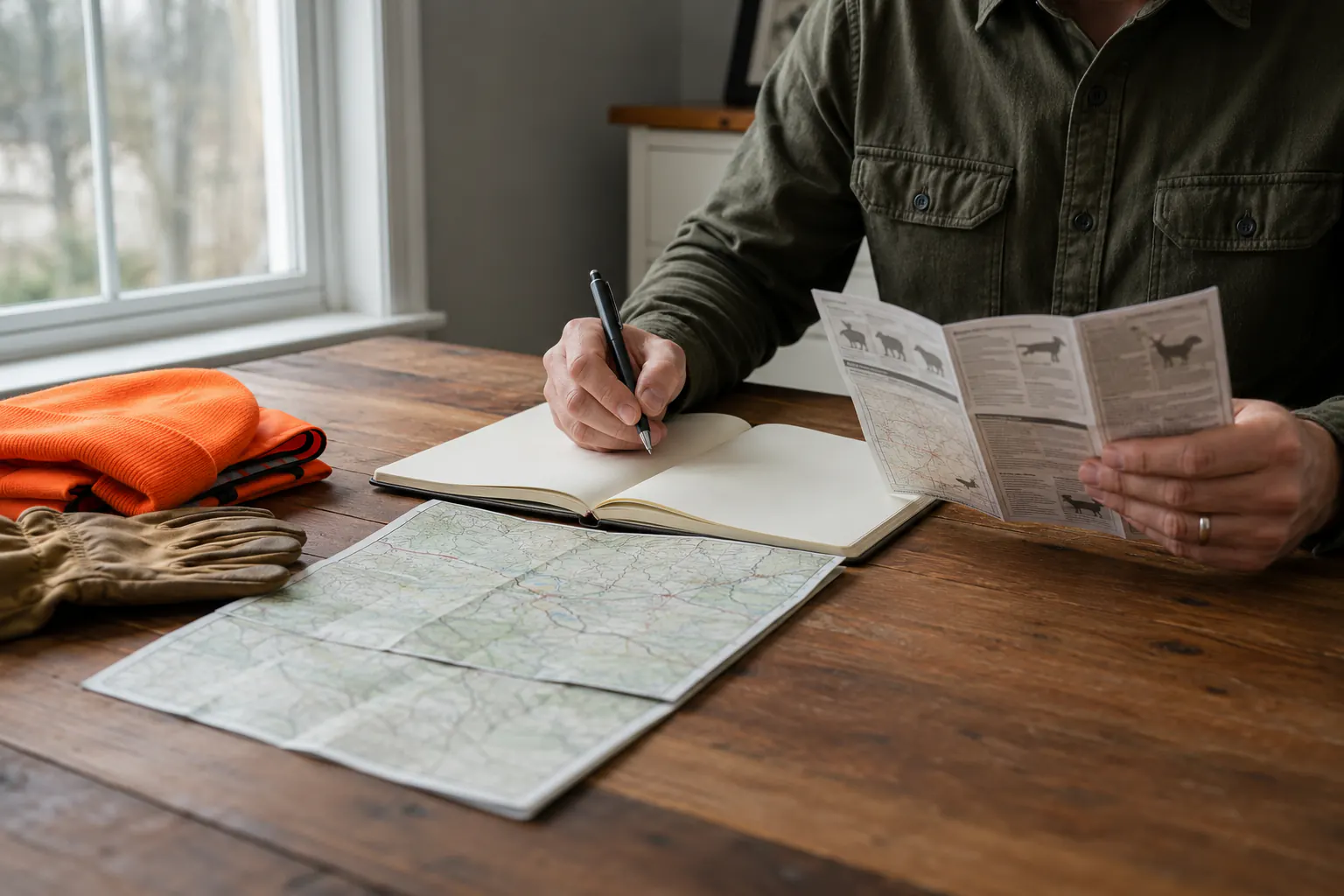 A person at a table reading a regulations pamphlet beside a paper map, a blank notebook, and folded blaze-orange clothing.