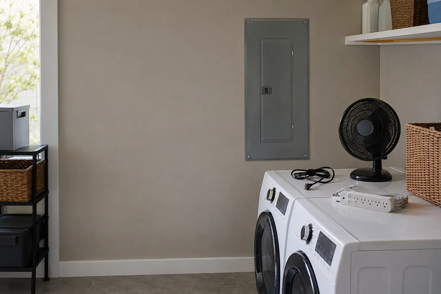A laundry room with a closed breaker panel and unplugged appliances staged on a washer and dryer.