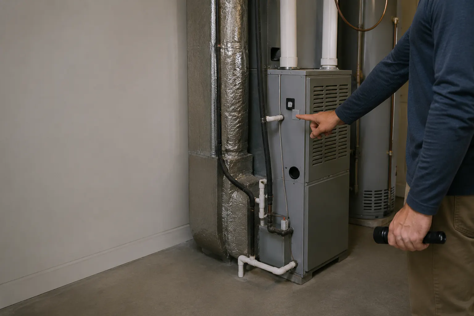 A person holding a flashlight points at the service switch beside a basement furnace.