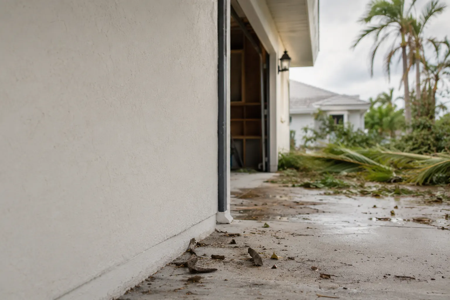 A debris-strewn yard and damaged exterior wall beside a house after a storm.