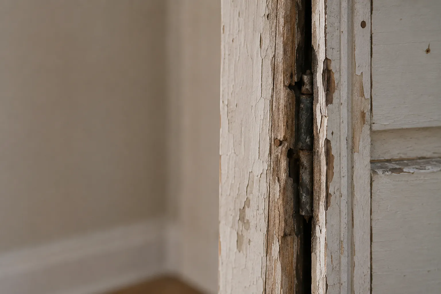 A close view of an aging painted door hinge with peeling paint and worn wood, marking a repair candidate.