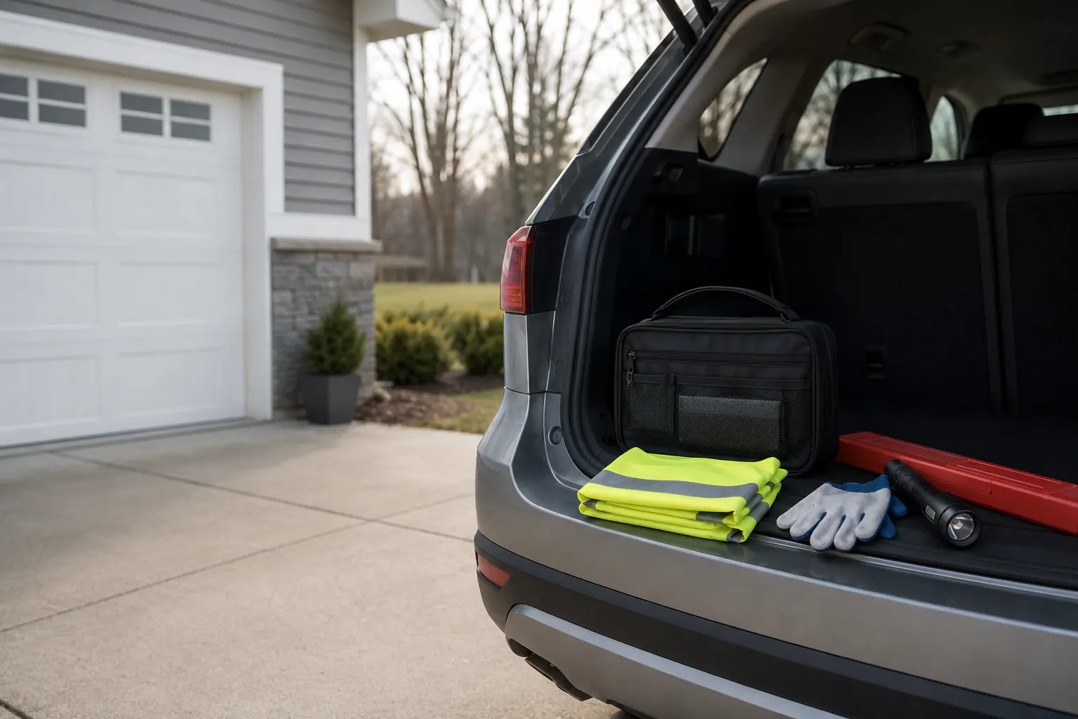 The open cargo area of a parked SUV with a safety vest, gloves, flashlight, and emergency kit.