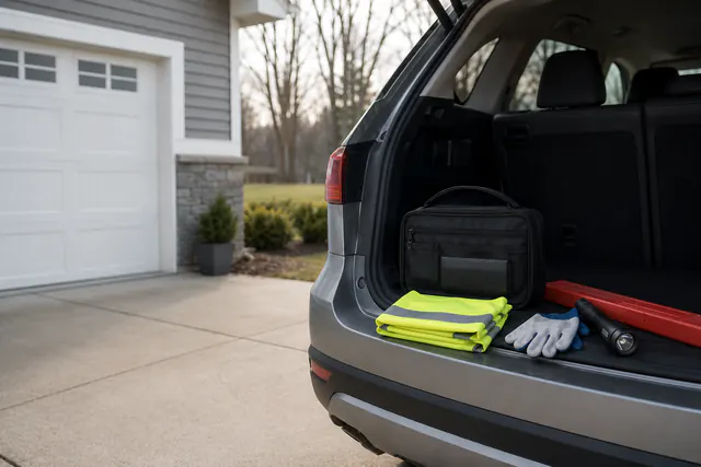 The open cargo area of a parked SUV with a safety vest, gloves, flashlight, and emergency kit.