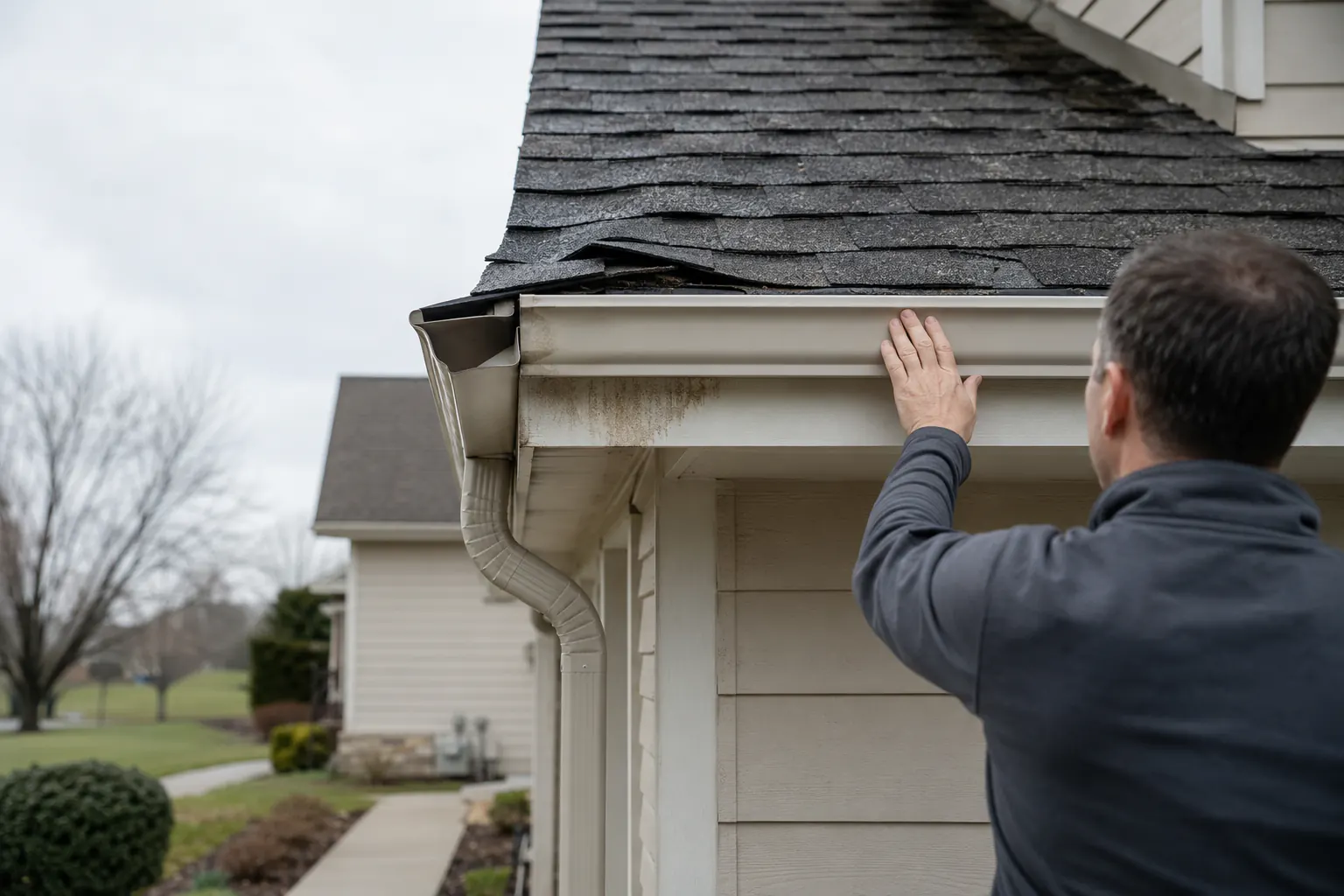 A residential roof photographed from safe ground level in daylight, showing shingles and a gutter line.